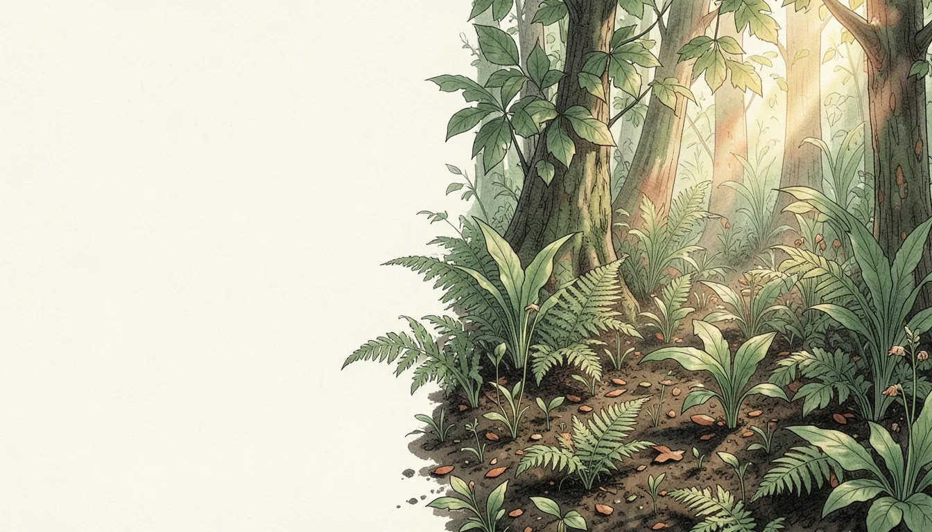 Illustration of ferns, leaves and young seedlings rising from dark soil in morning light